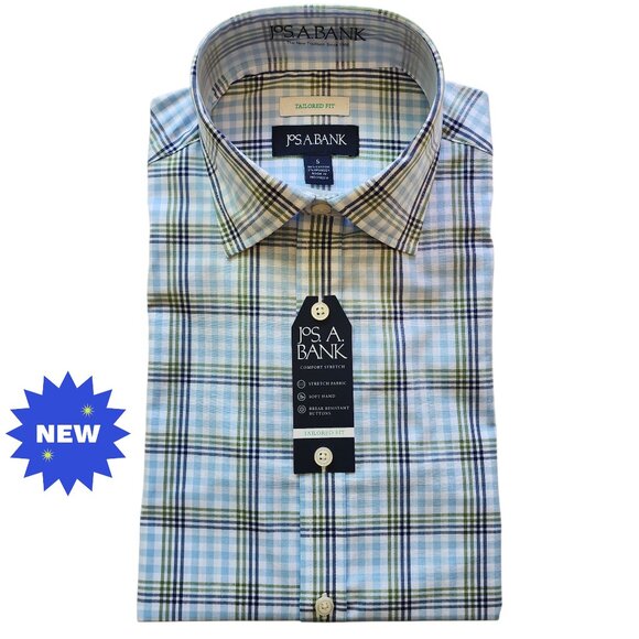 Small Blue Check Shirt Casual Jos A Bank Sz S New Plaid Long Sleeve Tailored Fit - Picture 1 of 17